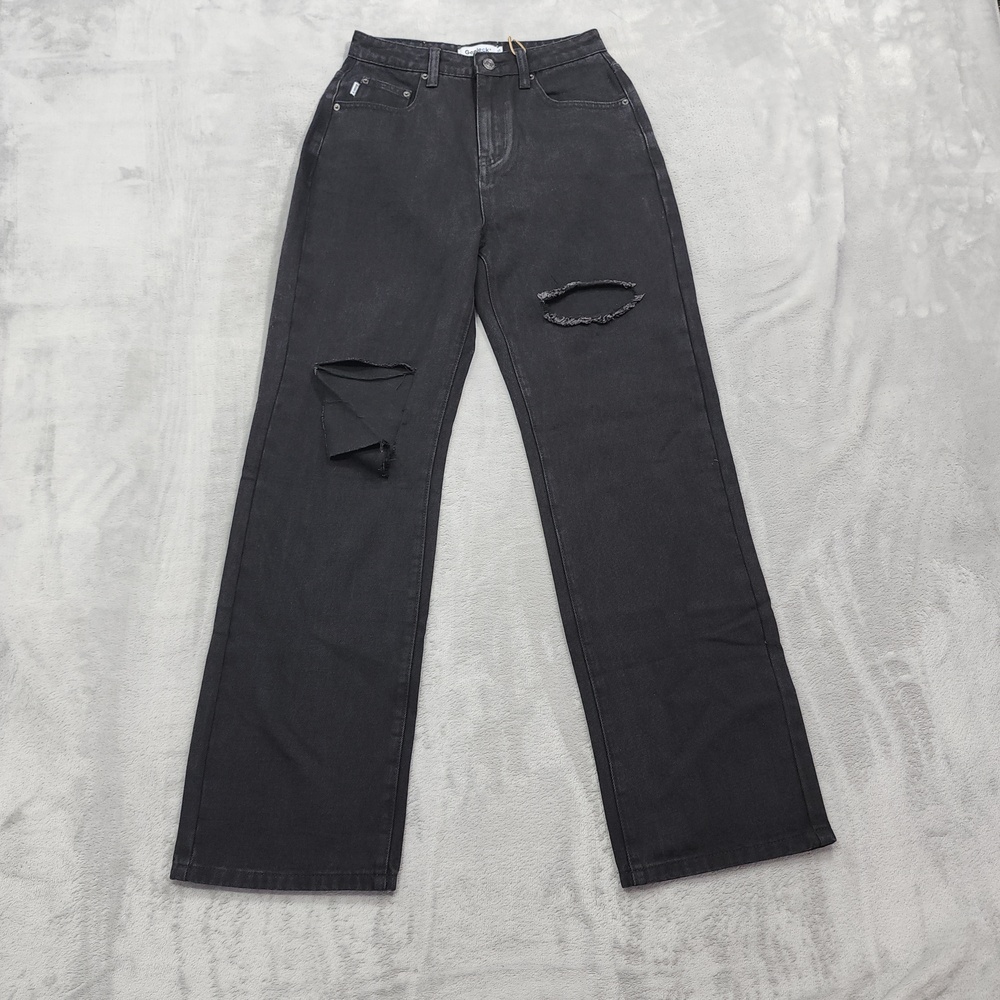 NEW Genleck Jeans Womens XS Black High Rise Straight Distressed Denim Casual